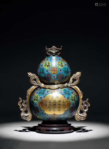 清 銅鎏金掐絲琺瑯御題詩葫蘆壁瓶