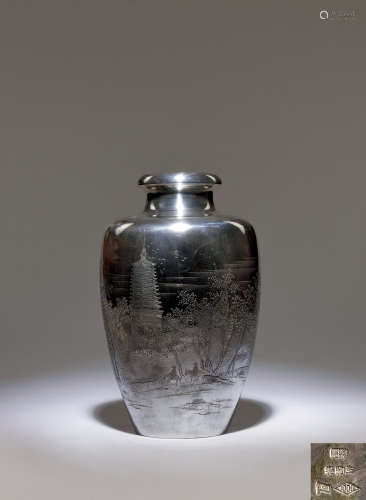 明治時期 生駒製純銀山水紋大花瓶