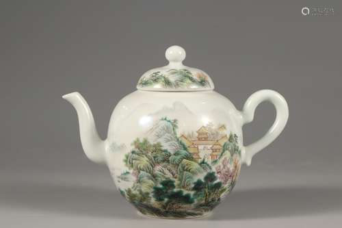 A LIGHT PURPLE COLOR LANDSCAPE TEA POT