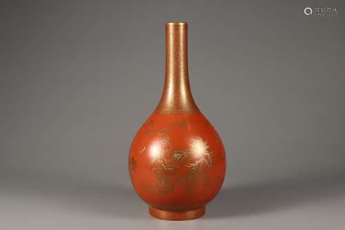 A RED GLAZE PAINTED GOLD LION PLAYING BALL HIGH FOOT BOWL