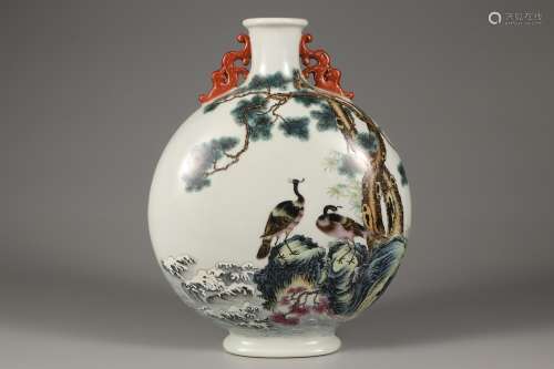 A Powder enamel DOUBLE vase with flower and bird
