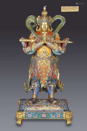 A CLOISONNE WIRE INLAY ENAMEL WeiTuo Bodhisattva STANDING ST...