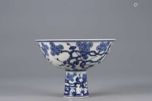 A Blue and White PINE BAMBOO PLUM HIGH FOOT BOWL