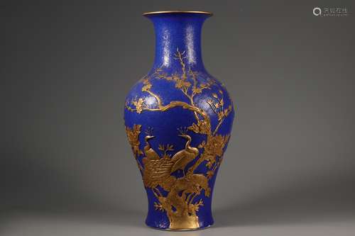 A BLUE glaze carving GOLD FLOWER AND BIRD BOTTLE