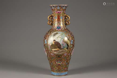 A Powder enamel DOUBLE EARS vase with flower and bird