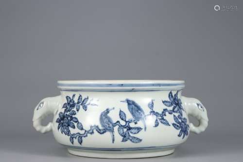 A Blue and White FLOWER AND BIRD DOUBLE EARS INCENSE BURNER
