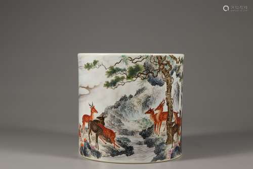 A FAMILLE ROSE LANDSCAPE PLUM DEER BRUSH HOLDER