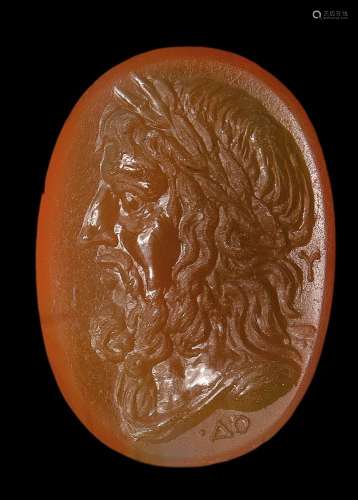 Une importante intaille grecque en agate. Buste de Zeus avec...