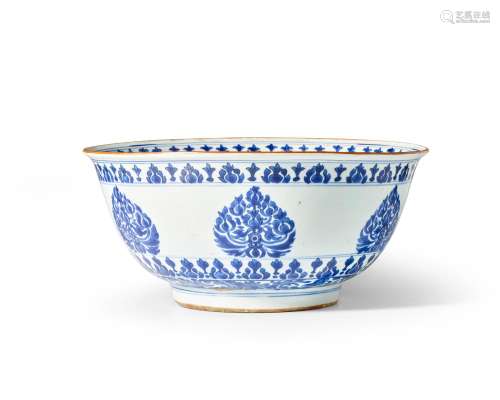 A large blue and white 'leaf medallion' bowl