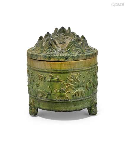 GREEN-GLAZED TRIPOD POTTERY HILL CENSER AND A COVER