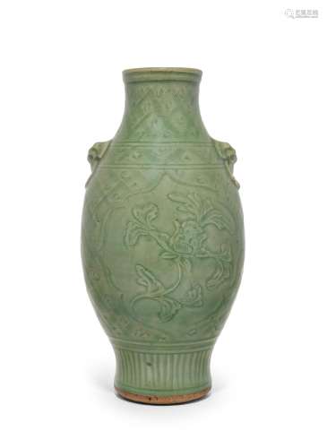 A ZHEJIANG CELADON CARVED  VASE