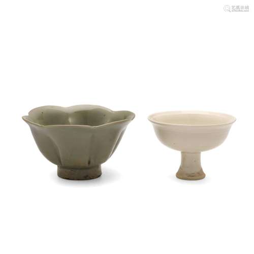 A rare cizhou white-glazed stem-cup and a Yue Yao hexafoil b...