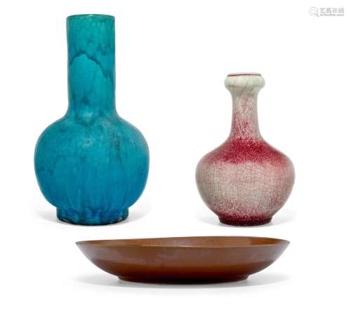 Three Monochrome ceramics: A TURQUOISE–GLAZED BOTTLE V...