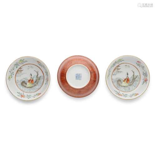 Three famille rose and faux bois porcelain bowls with a fema...