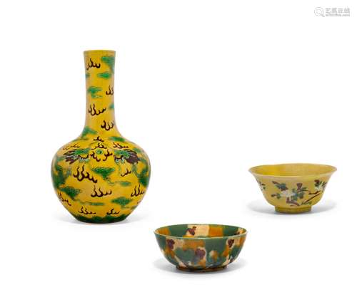 Three Yellow, green and aubergine-glazed ceramic items