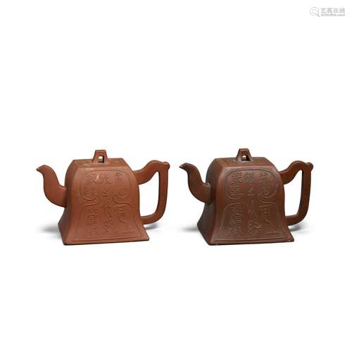 A PAIR OF ARCHAISTIC YIXING TEAPOTS AND COVERS