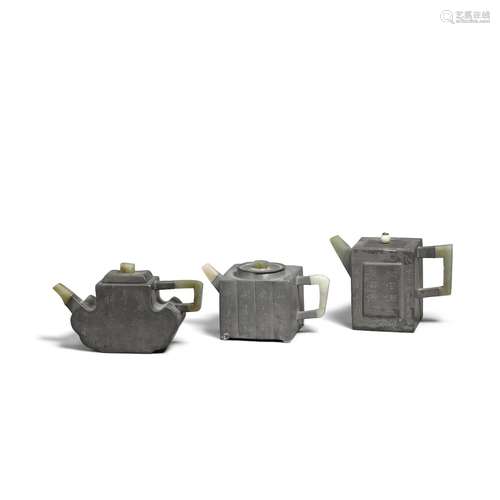 THREE PEWTER-ENCASED YIXING TEAPOTS AND COVERS