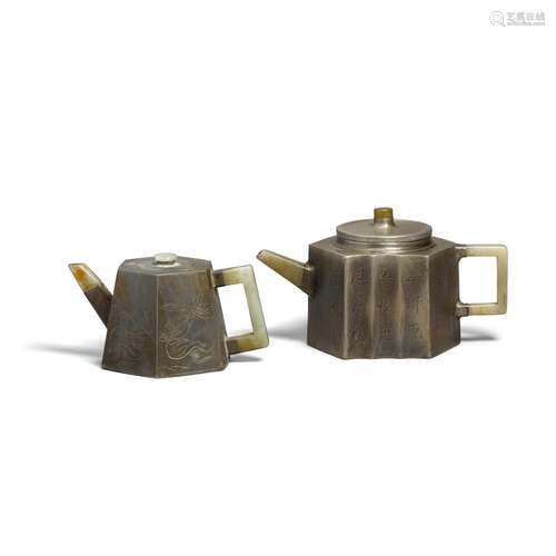 TWO PEWTER-ENCASED YIXING TEAPOTS AND COVERS