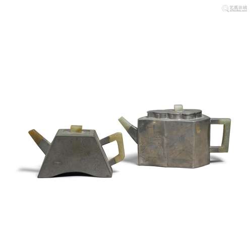 TWO PEWTER-ENCASED YIXING TEAPOTS AND COVERS