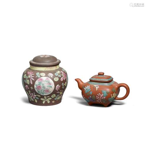 AN ENAMELED YIXING TEAPOT AND COVER