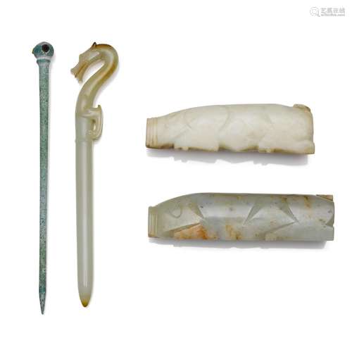 A turquoise-glass hair pin; a nephrite hair pin; a jade pig ...