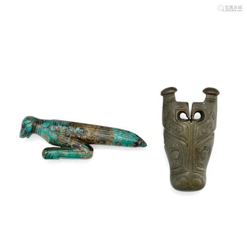 A turquoise praying mantis and a gray soapy-hardstone buffal...