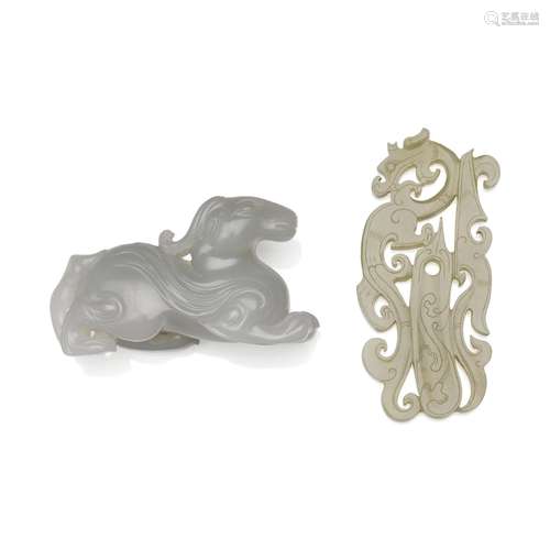 A grey jade horned ram and an archaistic white jade dragon f...