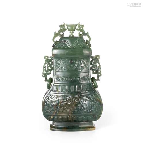 A SPINACH JADE ARCHAISTIC VASE AND COVER