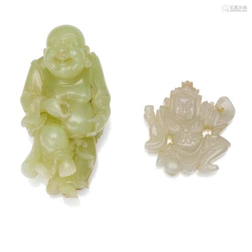 A yellow jade dancing Budai; and a white jade kneeling guard...