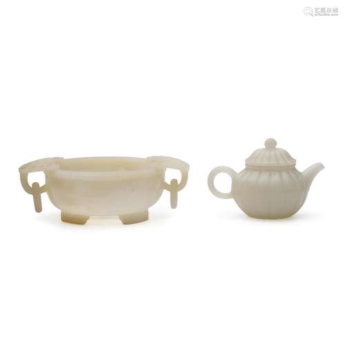 A white jade lobed teapot and cover; and a white jade two-ha...