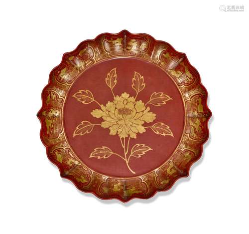 A fine Ryukyuan large red and gilt lacquer foliate dish