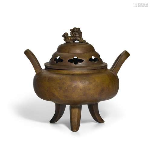 A finely-cast coppery-bronze tripod censer and cover