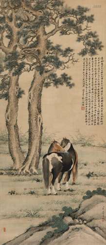 载灜（1859～1930） 柳阴双骏 立轴 设色绢本