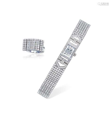爱彼 精美独特，一组两件女装白金镶钻石方形链带腕表及钻石戒指，型...