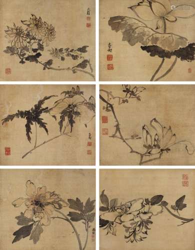 高凤翰（1683～1749） 花卉六开 镜心 设色绢本