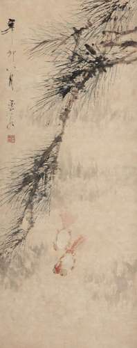 虚谷（1823～1896） 1891年作 松树游鱼 立轴 设色纸本