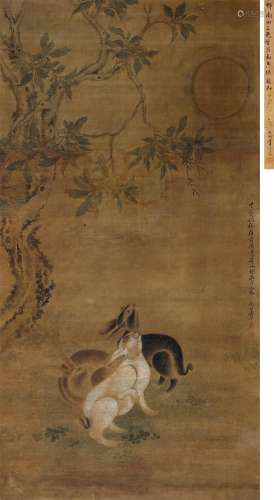 恽寿平（1633～1690）（传） 月桂三兔 立轴 设色绢本