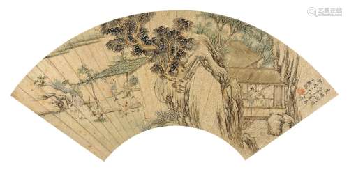丁观鹤（清乾隆） 1756年作 荳棚闲话 扇面 设色金笺