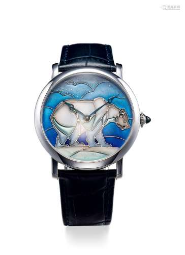 卡地亚 非常精美，限量版白金镶蓝宝石机械腕表，备珐琅表盘，「Roton...