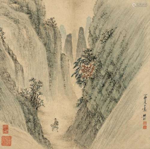 樊伒（1616～1644） 深山行旅 镜心 设色纸本
