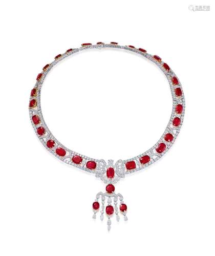 总重65.13克拉缅甸「鸽血红」红宝石配钻石项链，未经加热