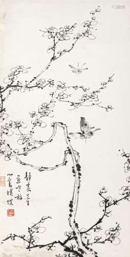 溥儒（1896～1963）台静农（1903～1990） 冬梅抚蝶 镜心 水墨纸本