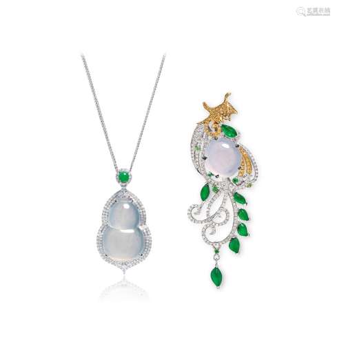 缅甸天然翡翠蛋面配钻石「葫芦」挂坠及「凤凰」胸针套装