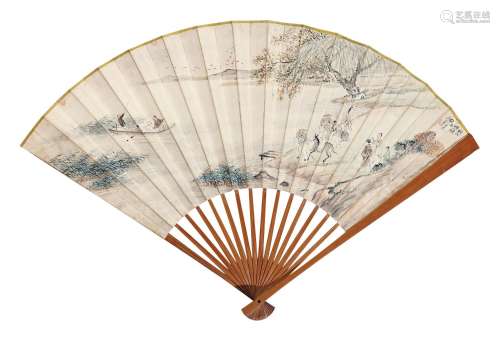 王素（1794—1877） 秋江晚渡 成扇 设色纸本