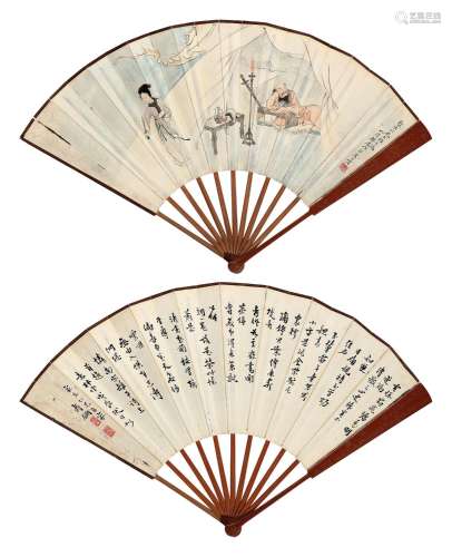 樊虚寿石工 1928年作 戏曲人物、行书宋词 成扇 设色纸本