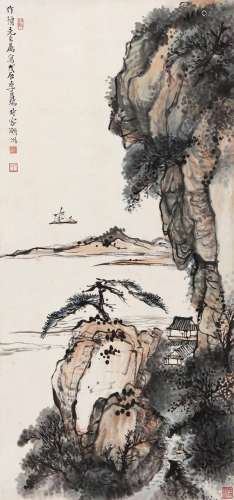 李研山（1898～1961） 1928年作 巍岭重阁 镜心 设色纸本