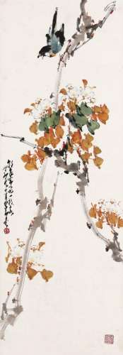 赵少昂（1905～1998） 1987年作 雀鸣一枝春 立轴 设色纸本