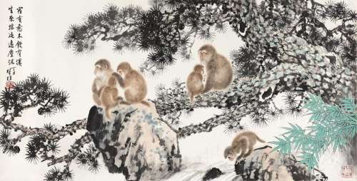 方楚雄（B.1950） 1987年作 灵猴一家亲 镜心 设色纸本