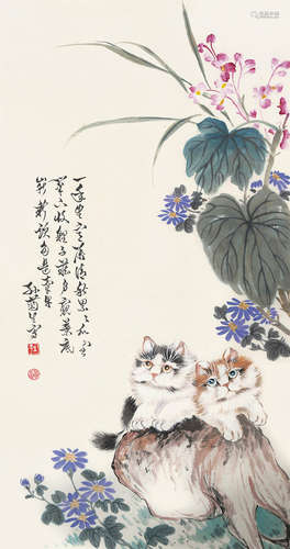 1913-2018 孙菊生  猫戏图 设色纸本 立轴