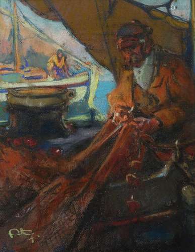 LOUIS FORTUNEY (1875-1951) LE PÊCHEUR THE FISHERMAN Pastel s...